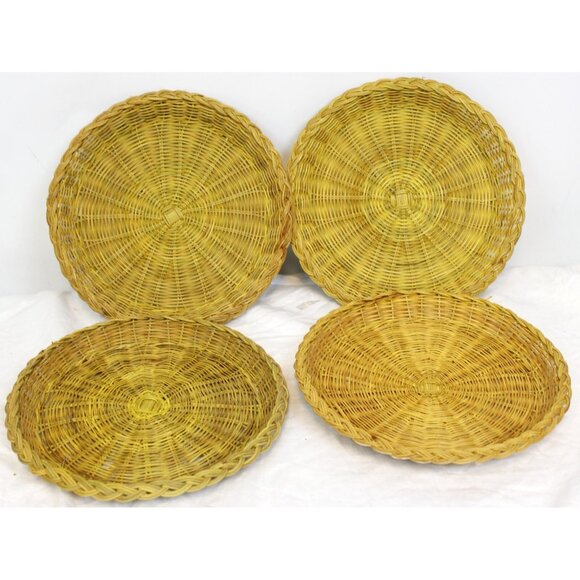 VTG Nevco 4 Paper Plate Holders Yellow 1990s 1980s 9" Natural Died Wicker Bamboo - Picture 1 of 6